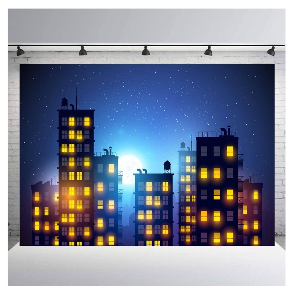 Super Hero / City Backdrop #3, 10 x 7, Starry Sky Super Hero City Decor Banner